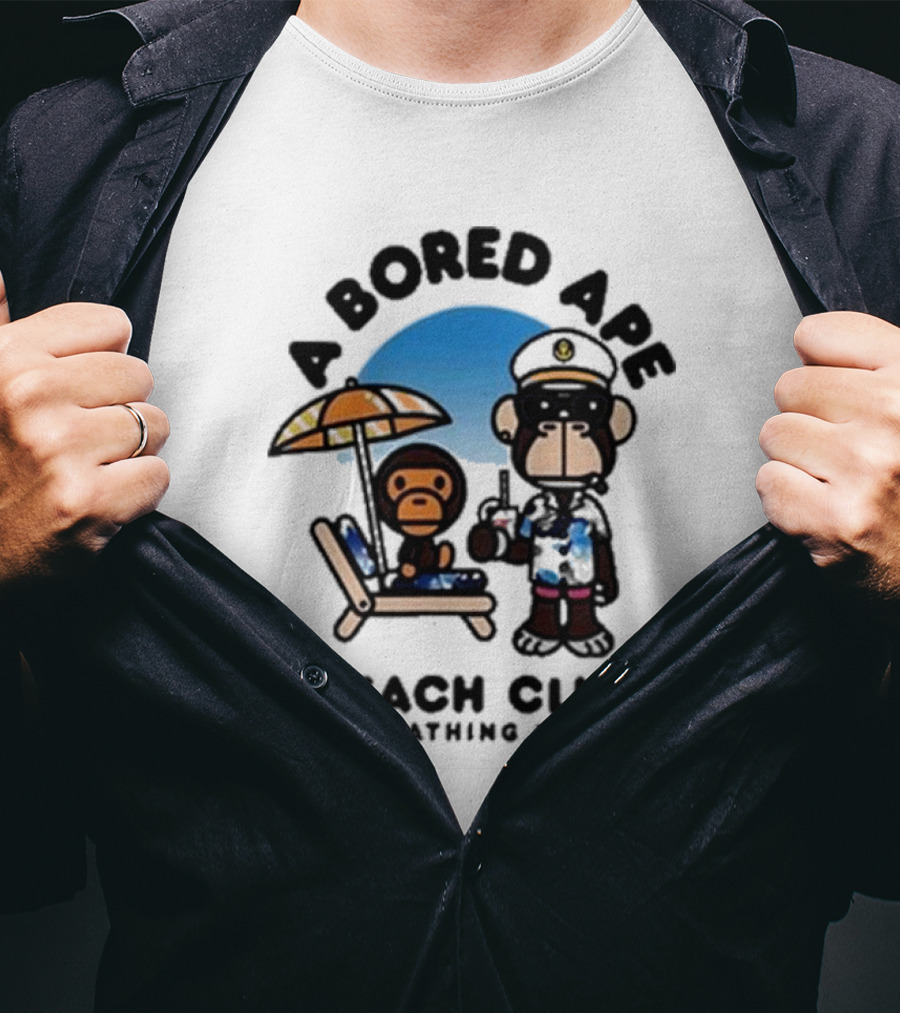 A Bored Ape Beach Club A Bathing Ape Officer And Relaxing Ape Scene T-Shirt