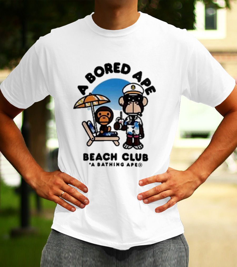 A Bored Ape Beach Club A Bathing Ape Officer And Relaxing Ape Scene T-Shirt