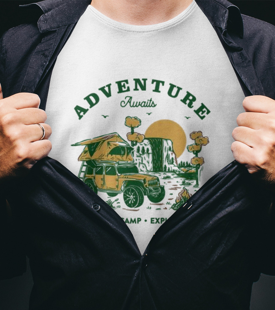 Adventure Awaits Ride Camp Explore Jeep Camping Scene T-Shirt