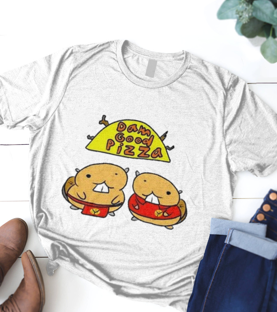 Dam Good Pizza Beaver Characters Duo In Red With Iconic Yellow Cheese Slice T-Shirt