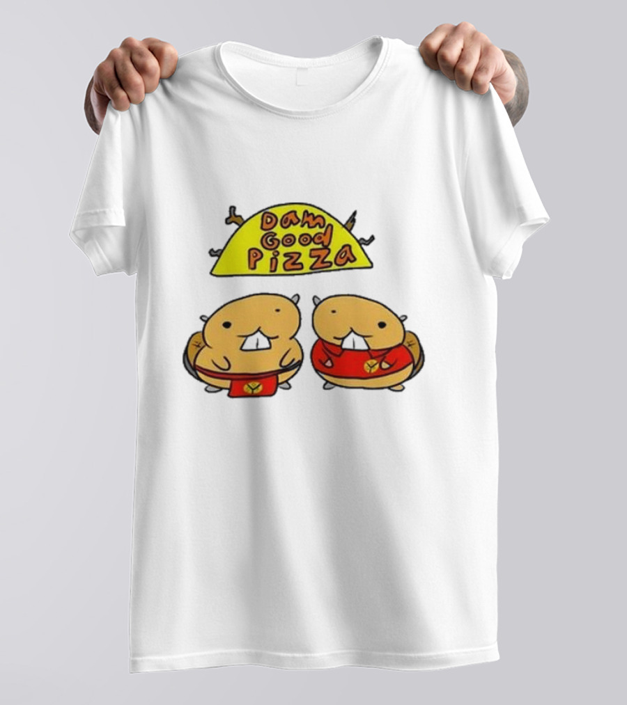 Dam Good Pizza Beaver Characters Duo In Red With Iconic Yellow Cheese Slice T-Shirt
