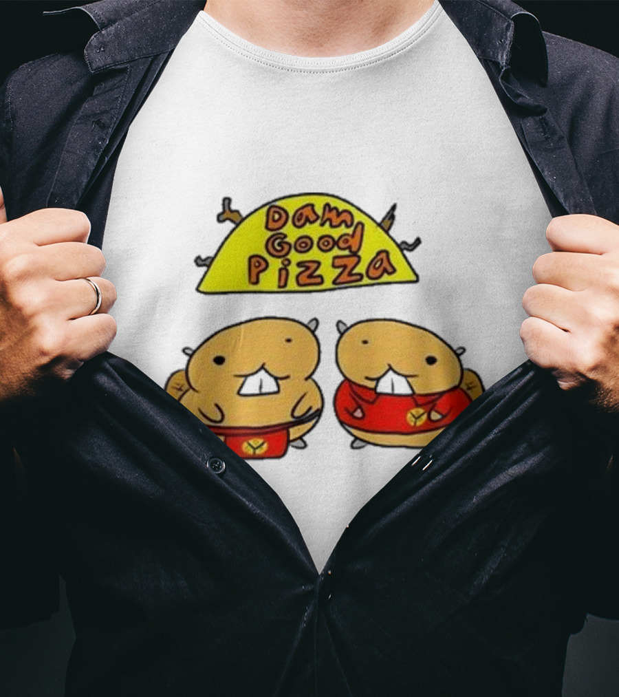 Dam Good Pizza Beaver Characters Duo In Red With Iconic Yellow Cheese Slice T-Shirt