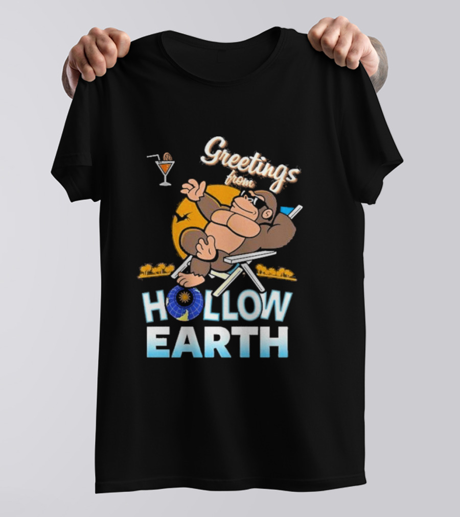 Greetings From Hollow Earth Giant Monster Relaxing With Tropical Cocktail T-Shirt