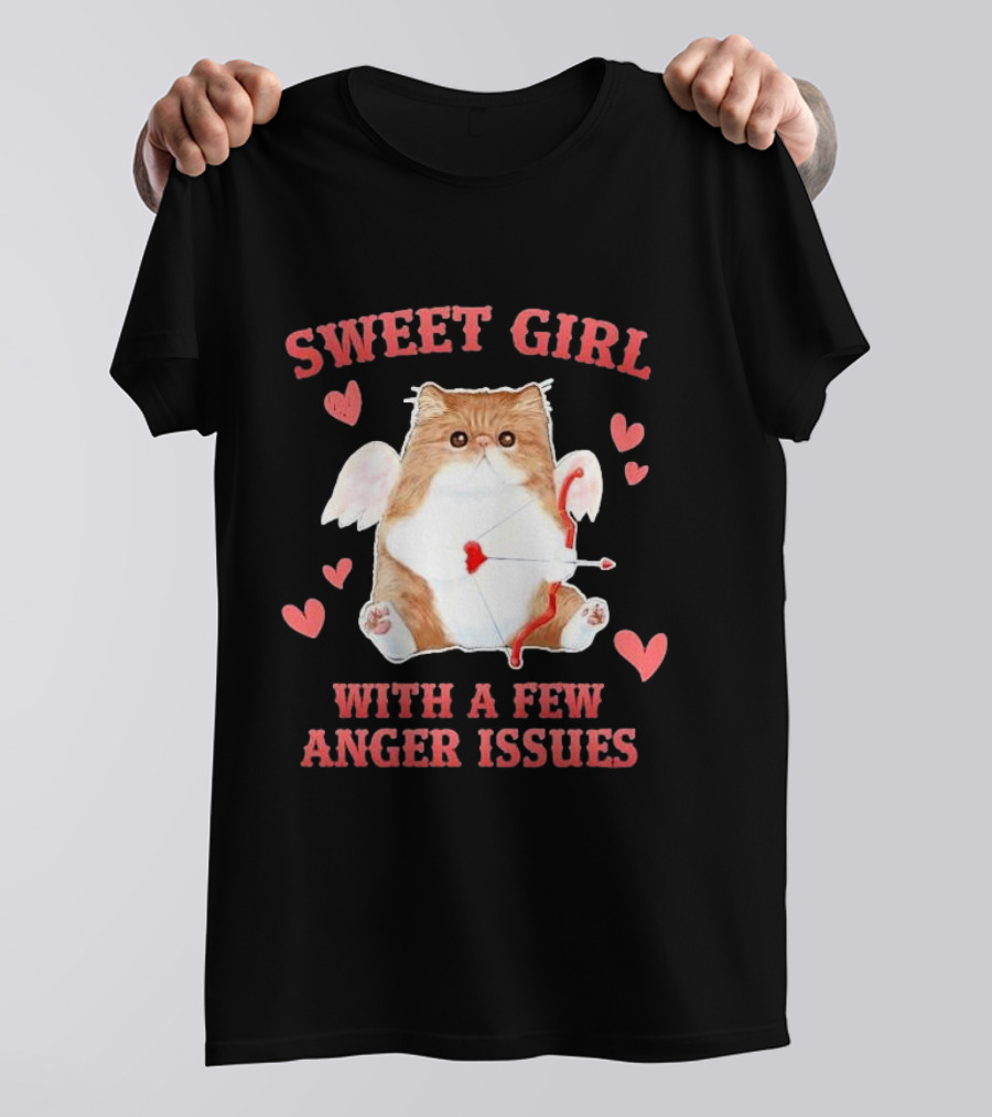 Sweet Girl With A Few Anger Issues Cat With Bow And Arrow Vintage Hearts T-Shirt