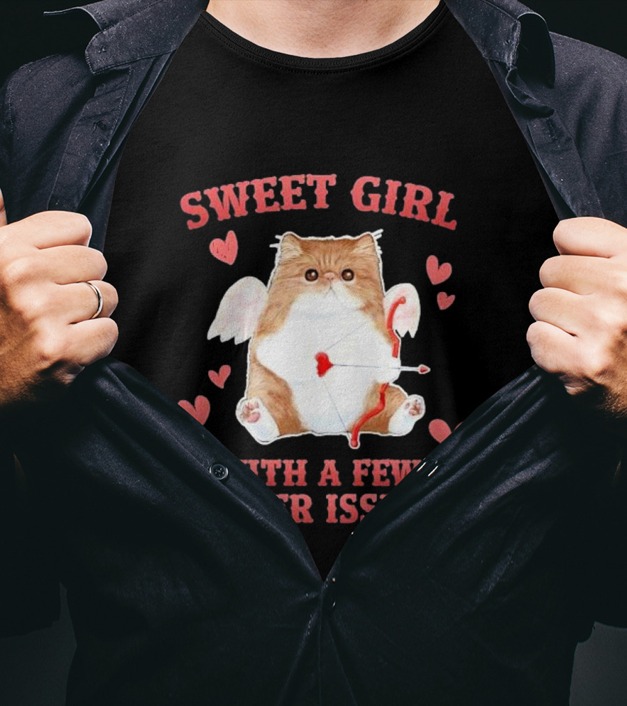 Sweet Girl With A Few Anger Issues Cat With Bow And Arrow Vintage Hearts T-Shirt