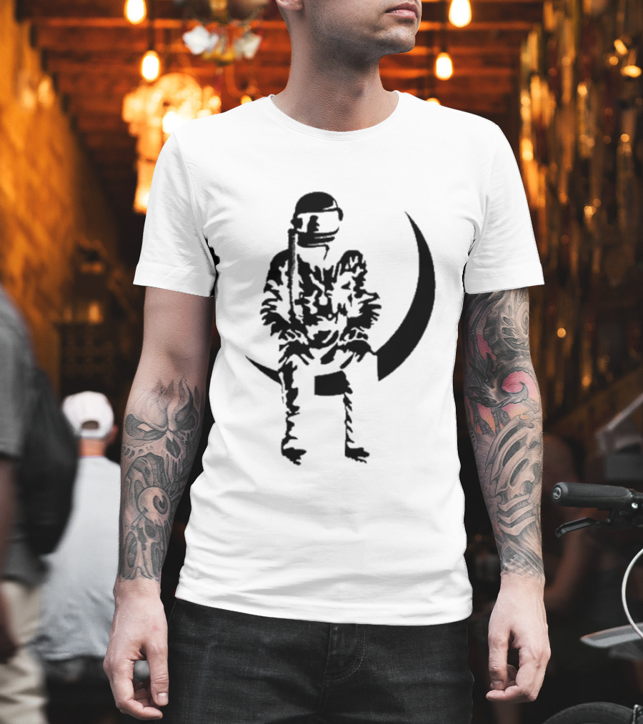 To The Stars Moon Man Astronaut Sitting On Crescent Ocean Blue T-Shirt