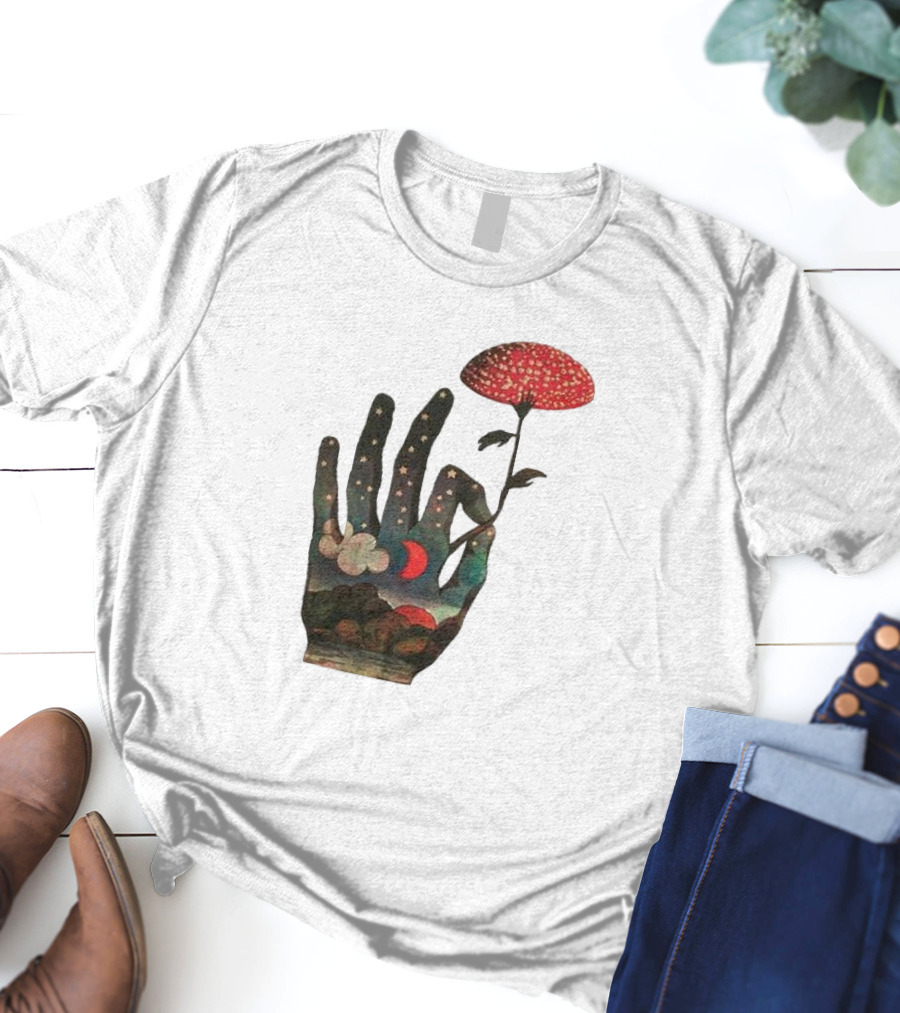 Fly Agaric Psychedelic Hand With Night Sky And Moon T-Shirt