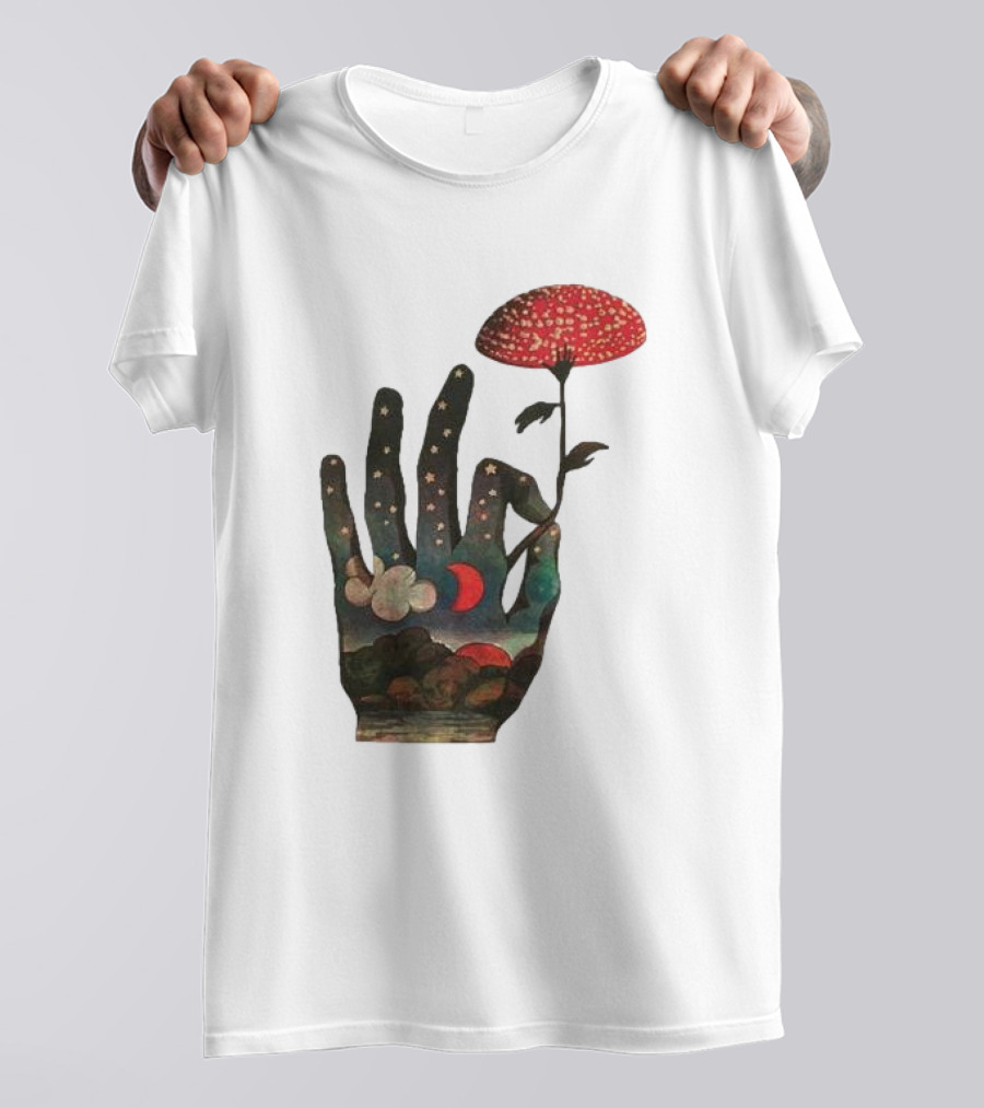 Fly Agaric Psychedelic Hand With Night Sky And Moon T-Shirt