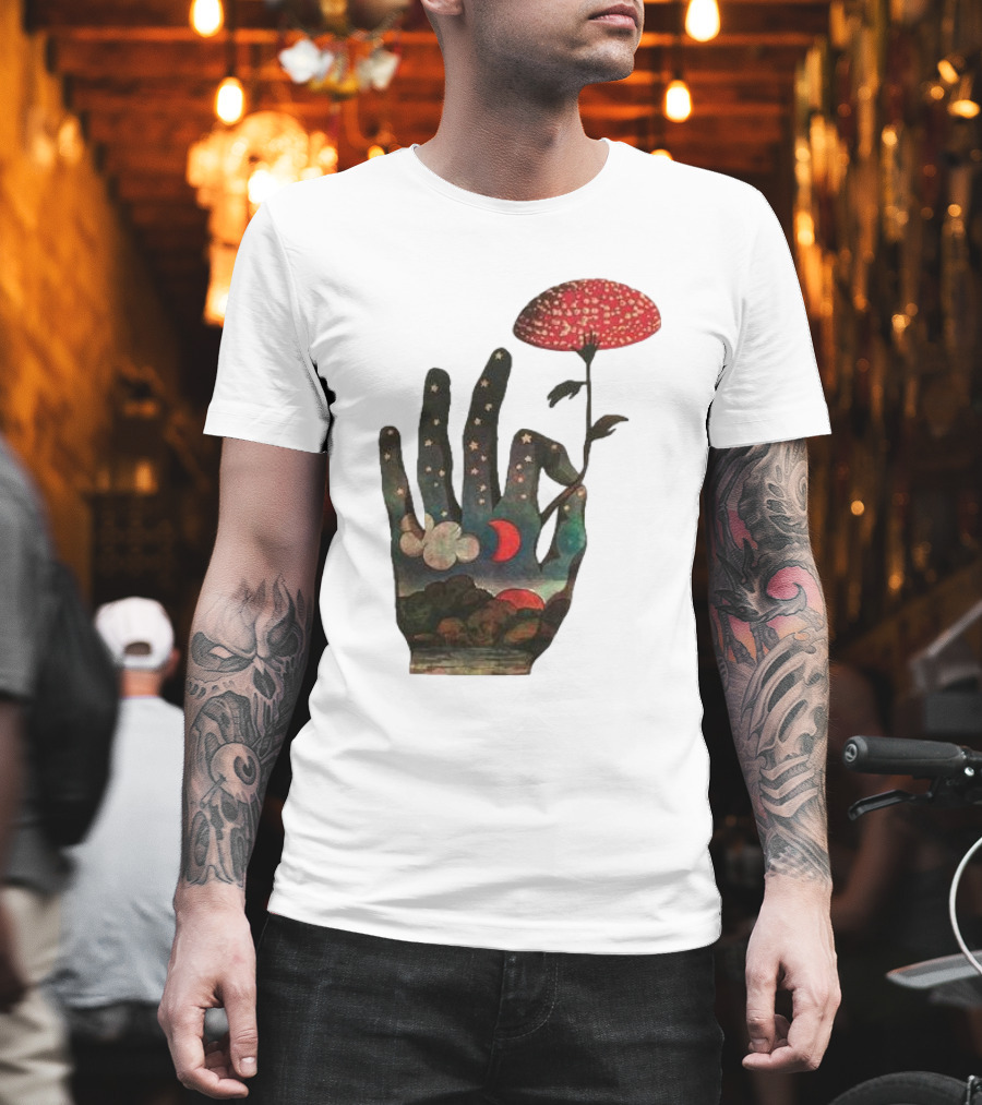 Fly Agaric Psychedelic Hand With Night Sky And Moon T-Shirt