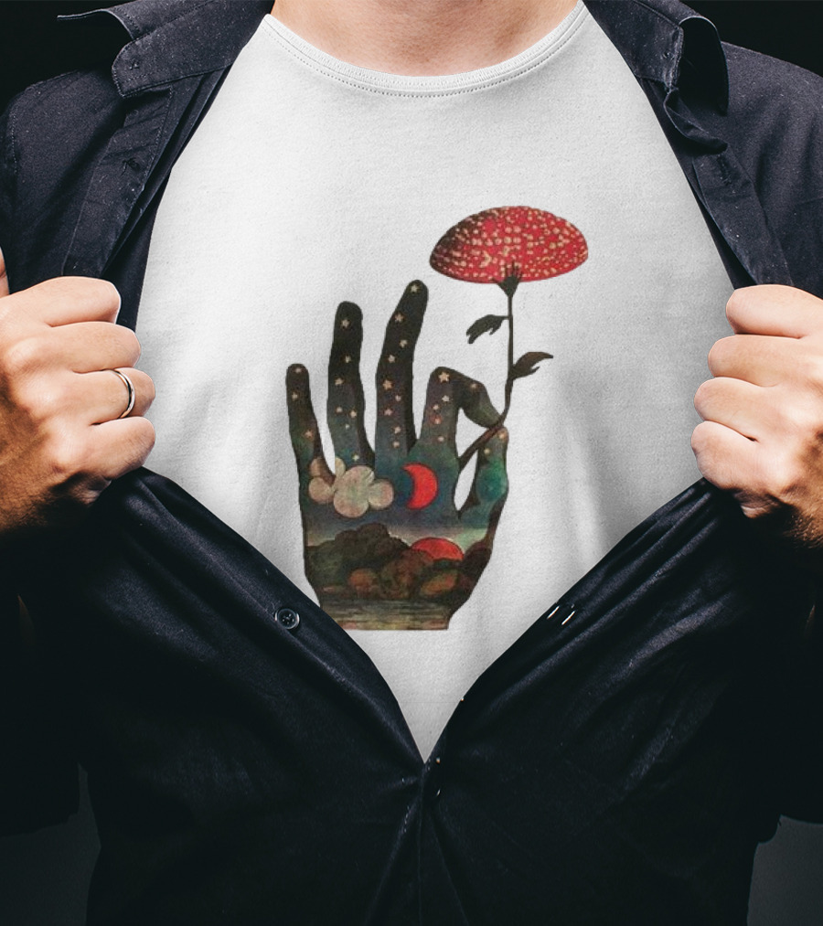 Fly Agaric Psychedelic Hand With Night Sky And Moon T-Shirt