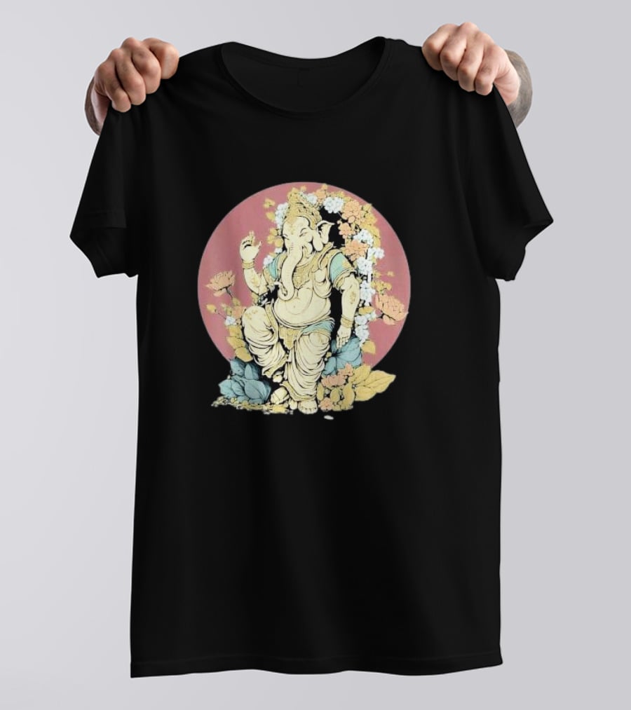 New Rare Hindu God Floral Elephant Deity Lord Ganesh Lotus Flowers Iconic T-Shirt