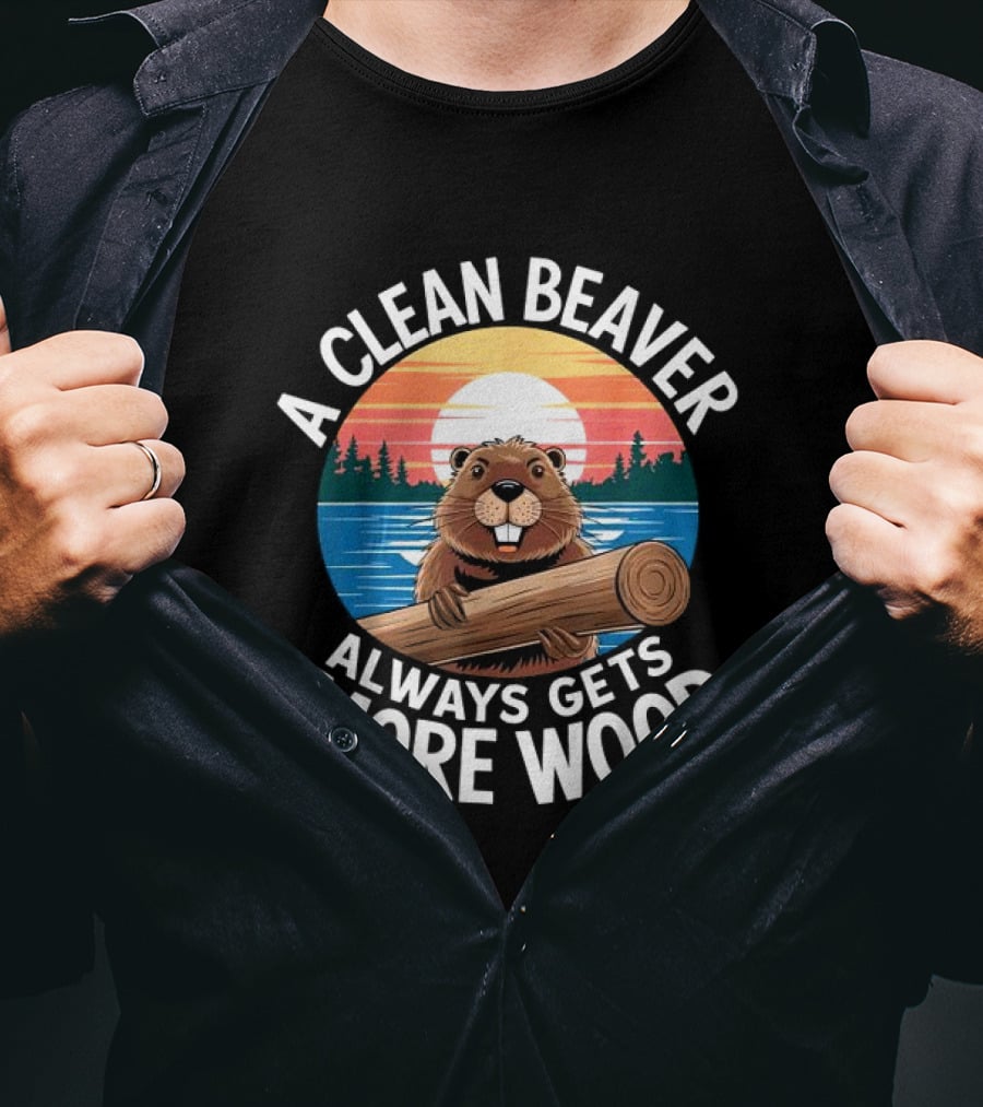 A Clean Beaver Always Gets More Wood Vintage Sunset Beaver Holding Log T-Shirt