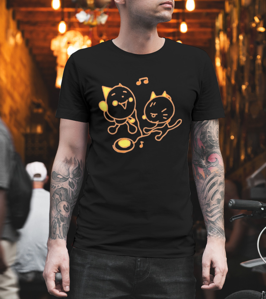 Pixlotl Cat Characters With Music Notes And CD Player T-Shirt