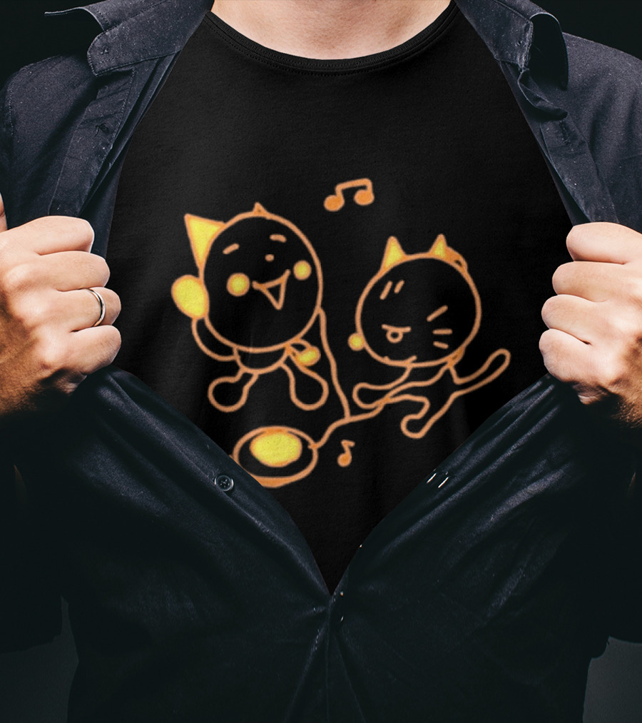 Pixlotl Cat Characters With Music Notes And CD Player T-Shirt