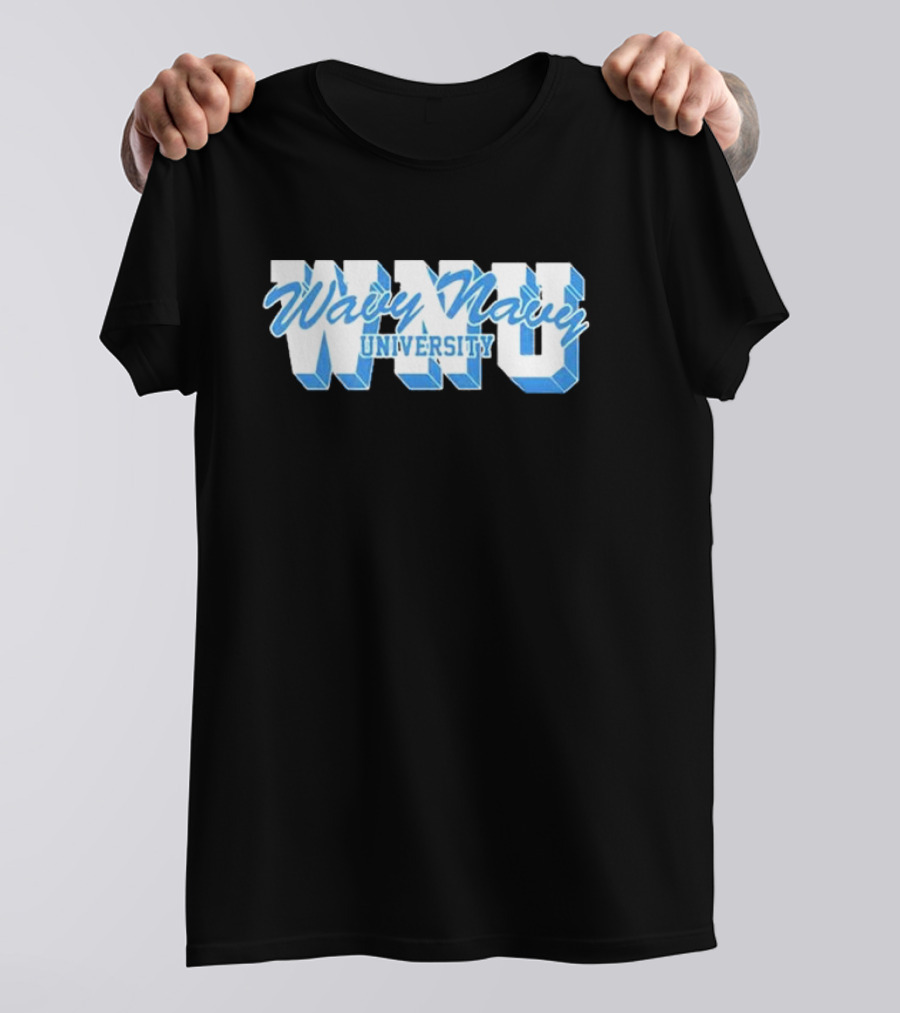 Wavy Navy University WNU Bold 3D Bold Blue Text T-Shirt