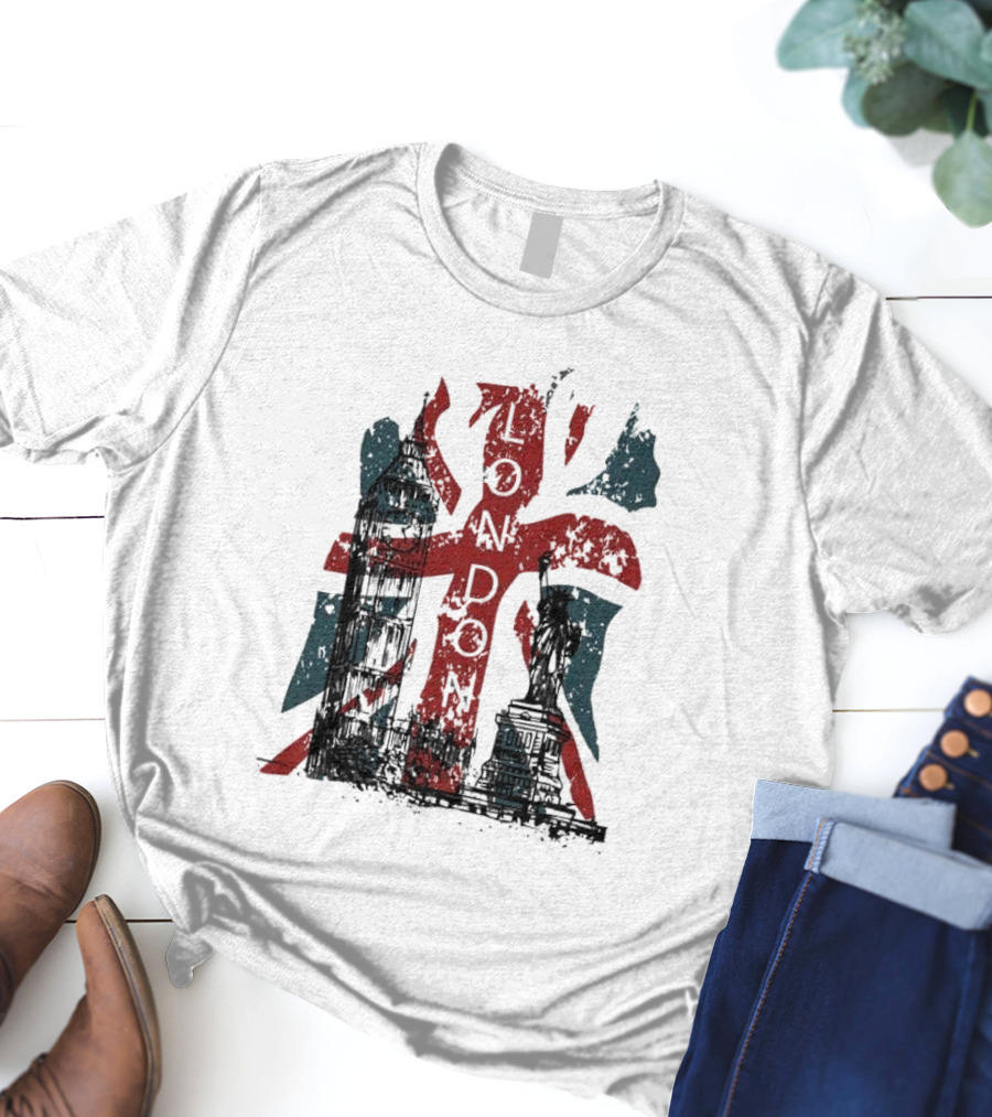 Retro London England Flag Big Ben Statue Liberty T-Shirt