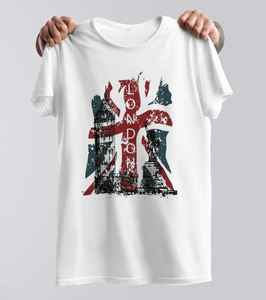 Retro London England Flag Big Ben Statue Liberty T-Shirt