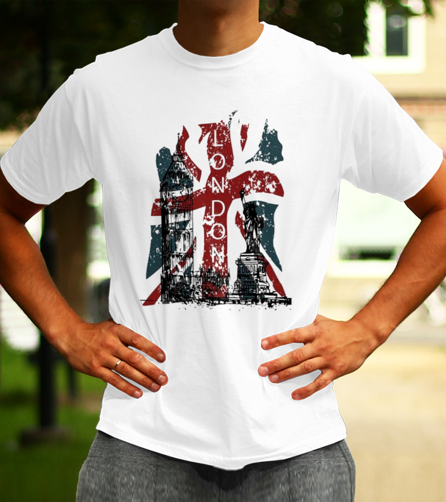 Retro London England Flag Big Ben Statue Liberty T-Shirt