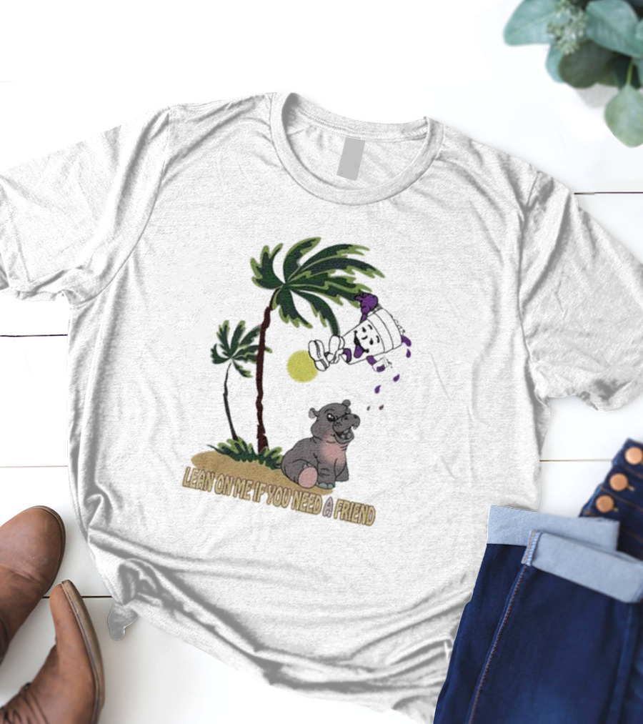 Grapejuiceboys Lean On Me If You Need A Friend Moo Deng Palm Tree Tropical Scene T-Shirt