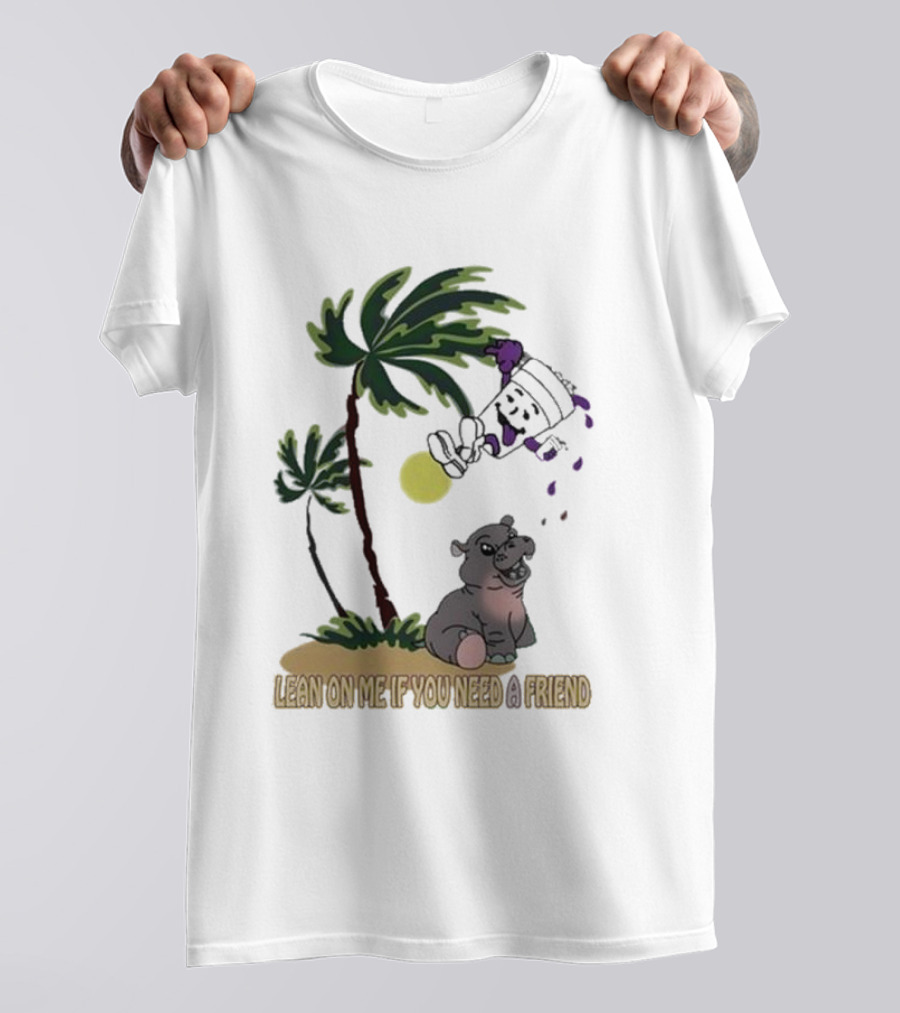 Grapejuiceboys Lean On Me If You Need A Friend Moo Deng Palm Tree Tropical Scene T-Shirt