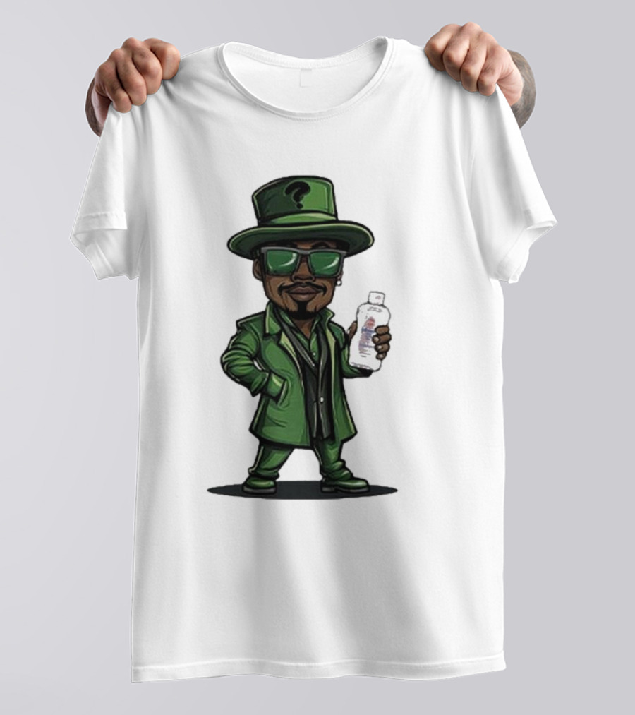 Little Diddler Holding Baby Oil In Green Outfit With Question Mark Hat T-Shirt