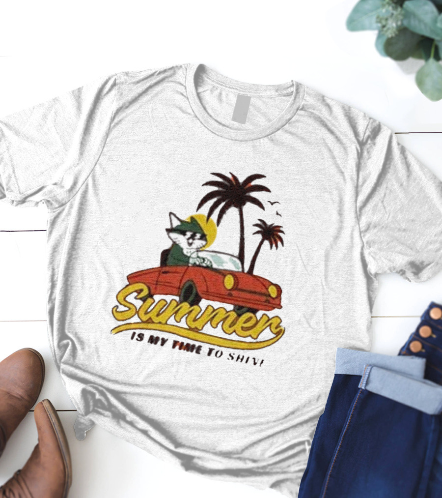 Summer Is My Time To Shine Cat In Car With Palm Trees T-Shirt