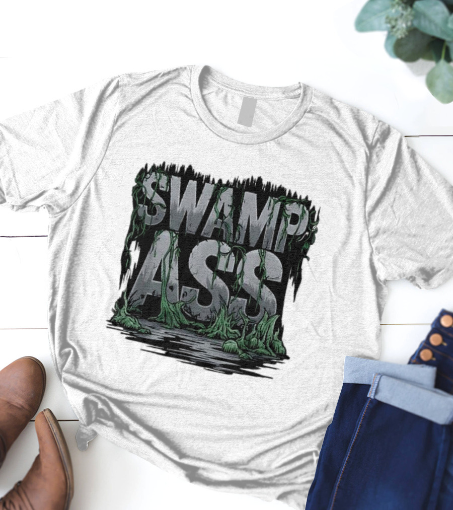 SWAMP ASS Moss-Covered Letters With Water And Grass T-Shirt