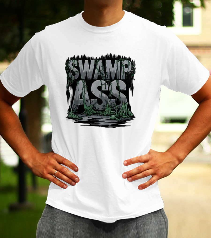 SWAMP ASS Moss-Covered Letters With Water And Grass T-Shirt