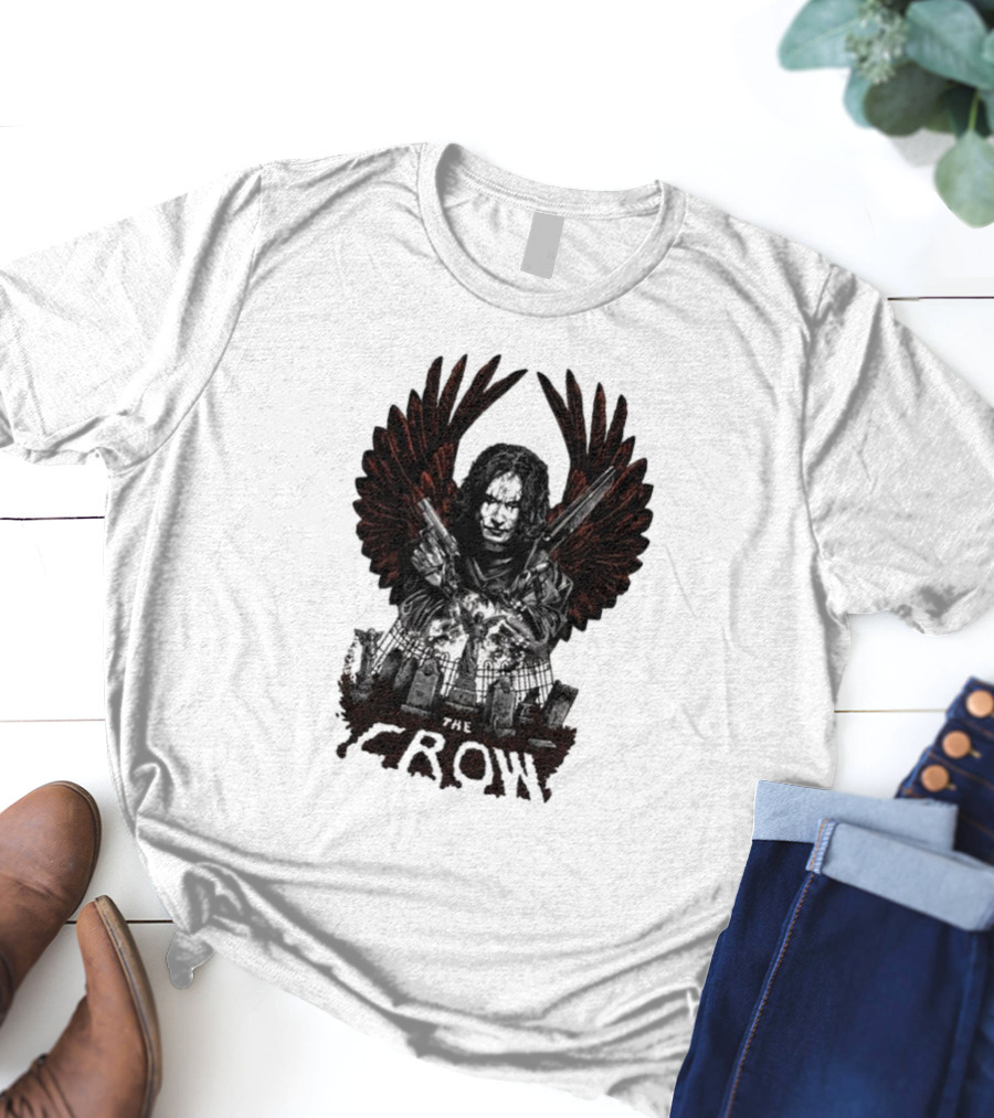 The Crow Winged Figure With Cemetery Background And Gothic Text The Crow T-Shirt