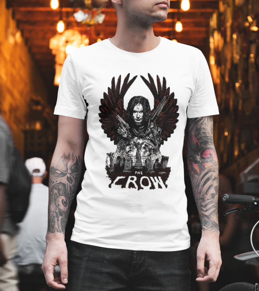 The Crow Winged Figure With Cemetery Background And Gothic Text The Crow T-Shirt