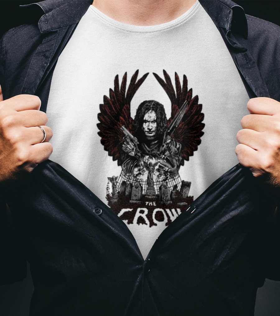 The Crow Winged Figure With Cemetery Background And Gothic Text The Crow T-Shirt