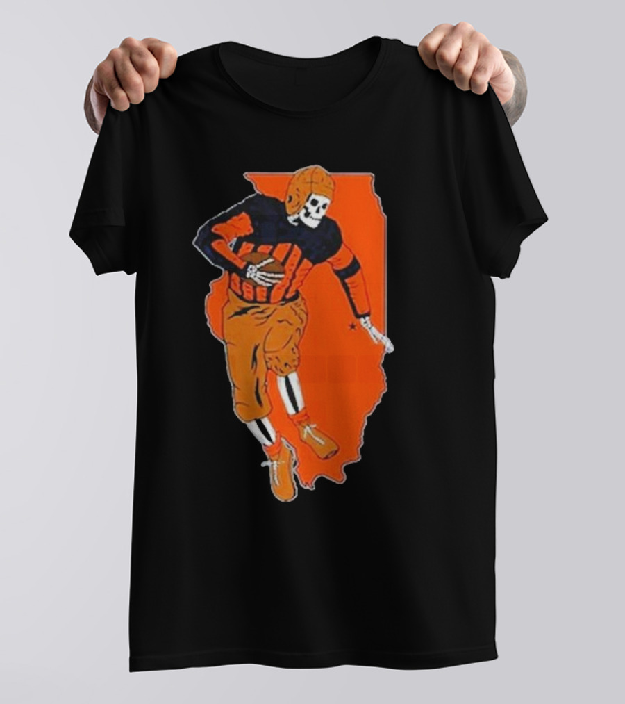 Il Football Pocket Skeleton Player Over Illinois Map T-Shirt