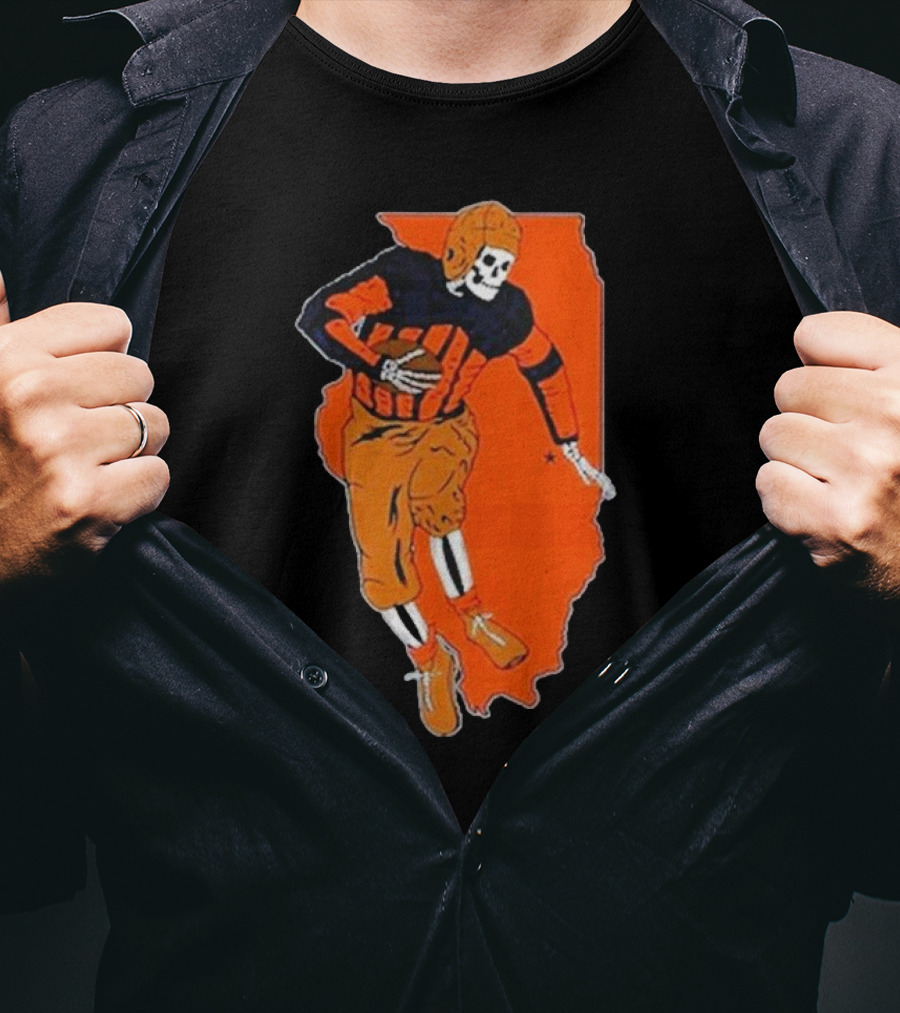 Il Football Pocket Skeleton Player Over Illinois Map T-Shirt