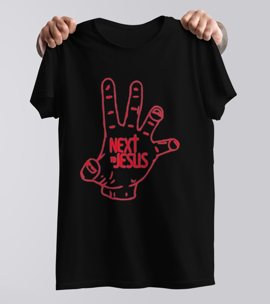 Next To Jesus Hand Neon Red Outline T-Shirt