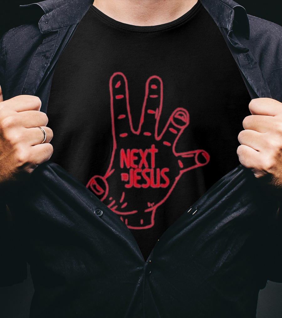 Next To Jesus Hand Neon Red Outline T-Shirt