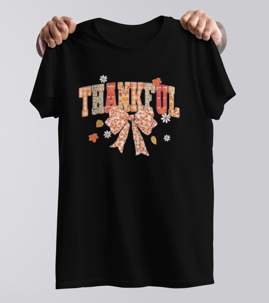 Thankful Leopard Plaid Bow With Fall Leaves And Daisies T-Shirt