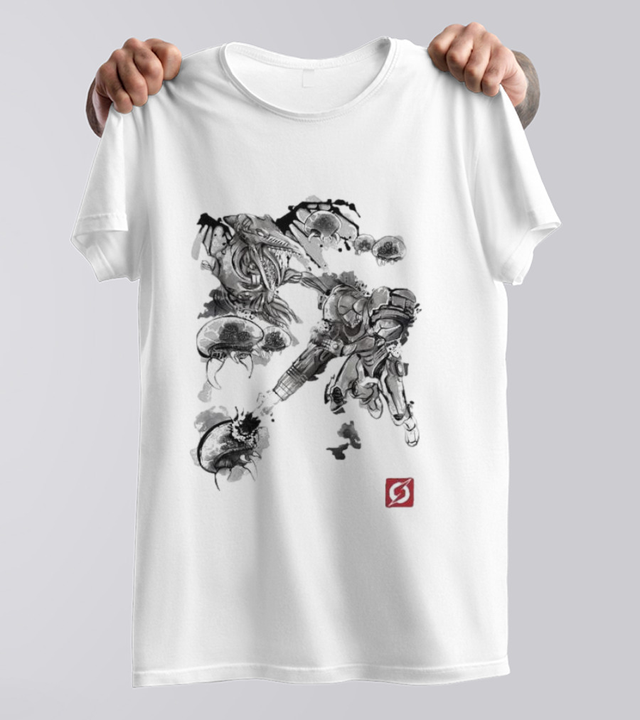 Attack Of The Space Pirates Sumi-E Style Metroid Battle Scene T-Shirt