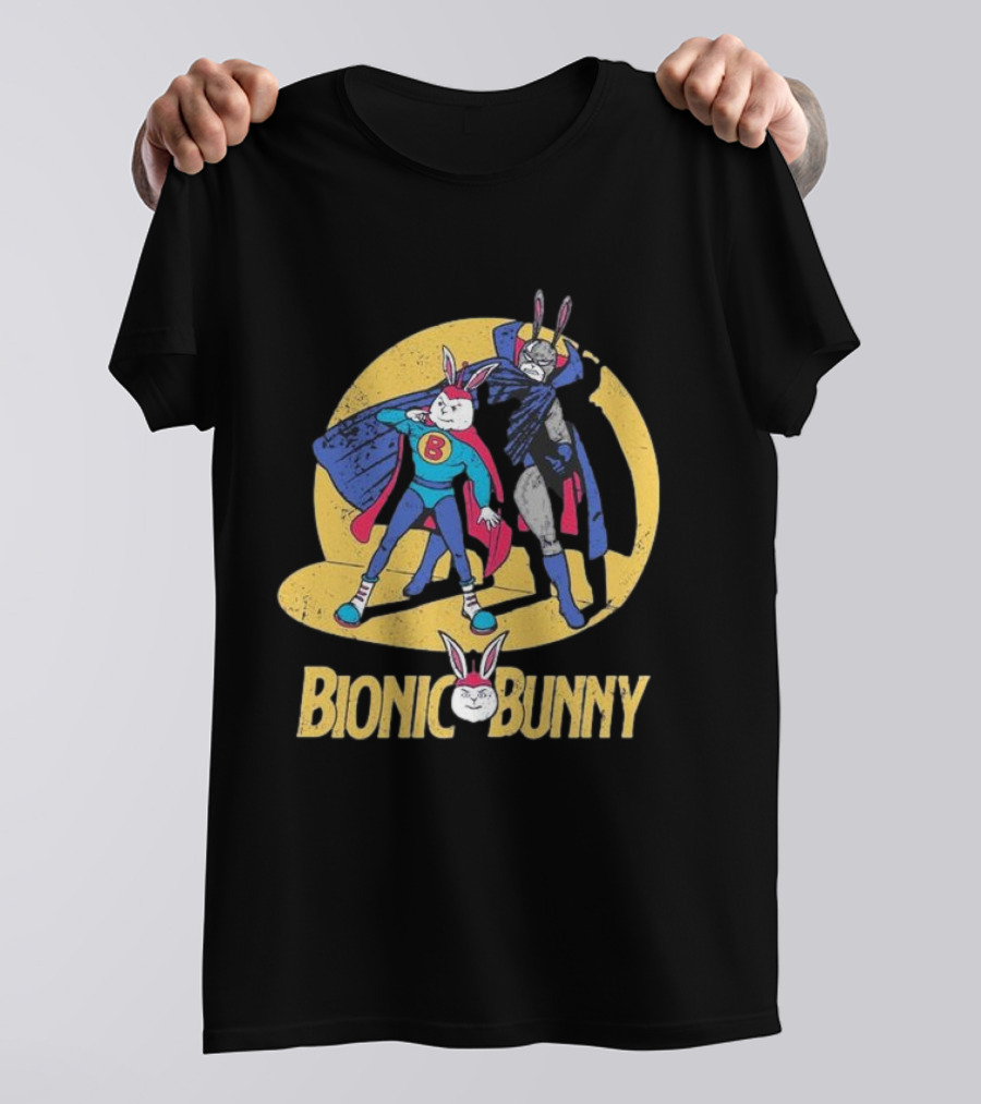Bionic Bunny Superhero Duo With Colorful Cape And Moon Background T-Shirt