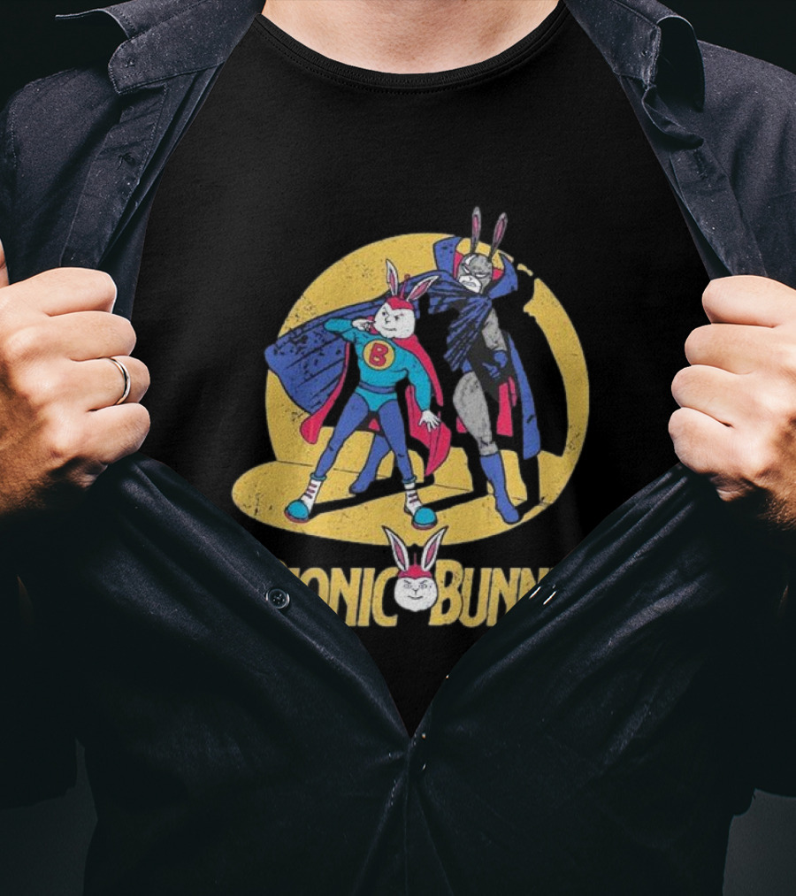 Bionic Bunny Superhero Duo With Colorful Cape And Moon Background T-Shirt