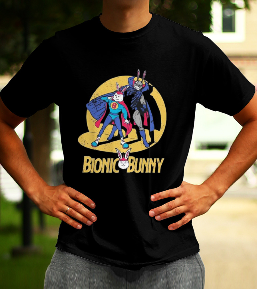 Bionic Bunny Superhero Duo With Colorful Cape And Moon Background T-Shirt