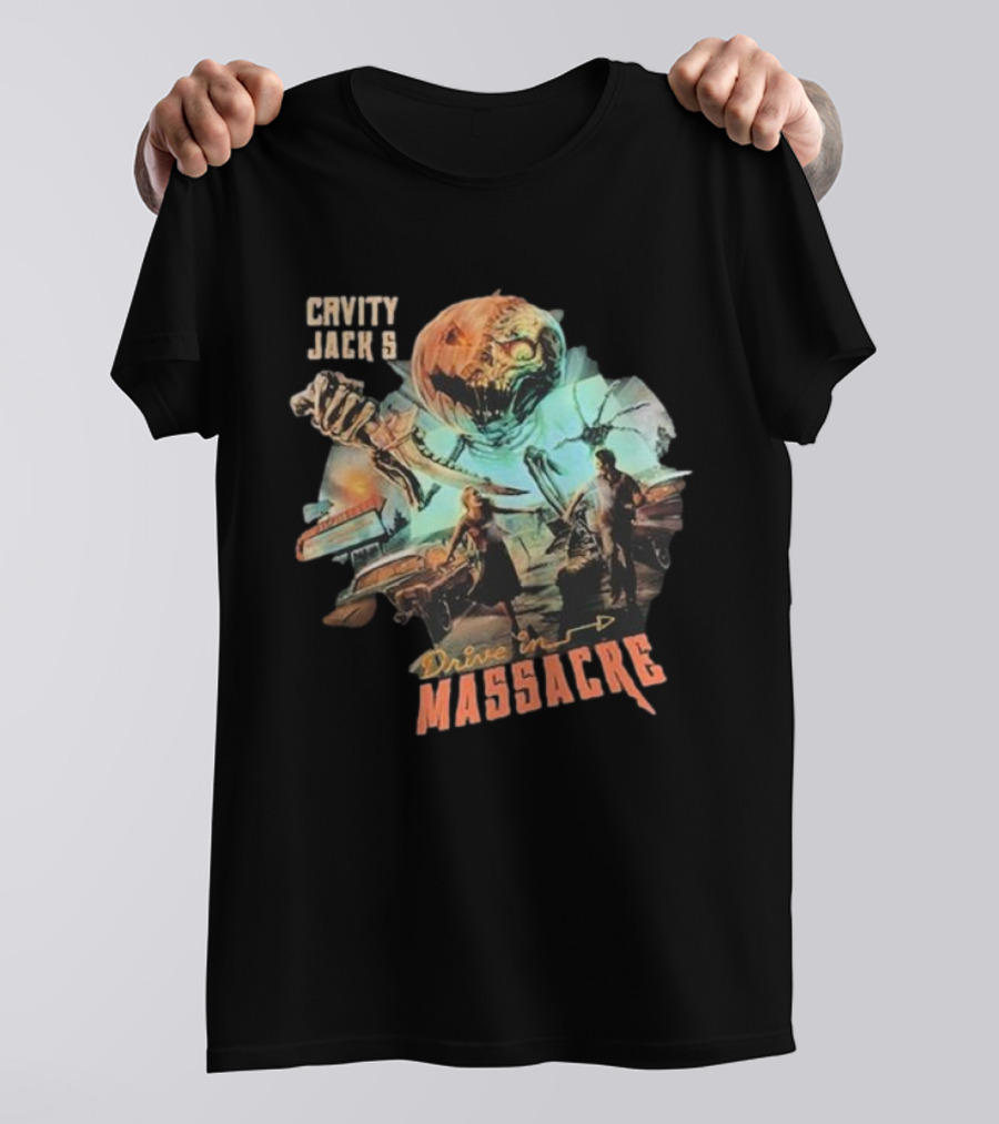 Cavity Jack's Drive In Massacre Giant Pumpkin Horror Scene T-Shirt