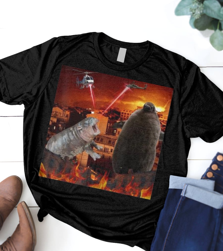 Moo Deng And Pesto Battle Urban Showdown With Helicopters And Laser Beams T-Shirt