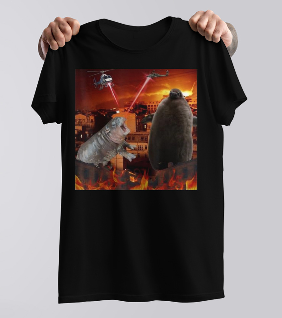 Moo Deng And Pesto Battle Urban Showdown With Helicopters And Laser Beams T-Shirt