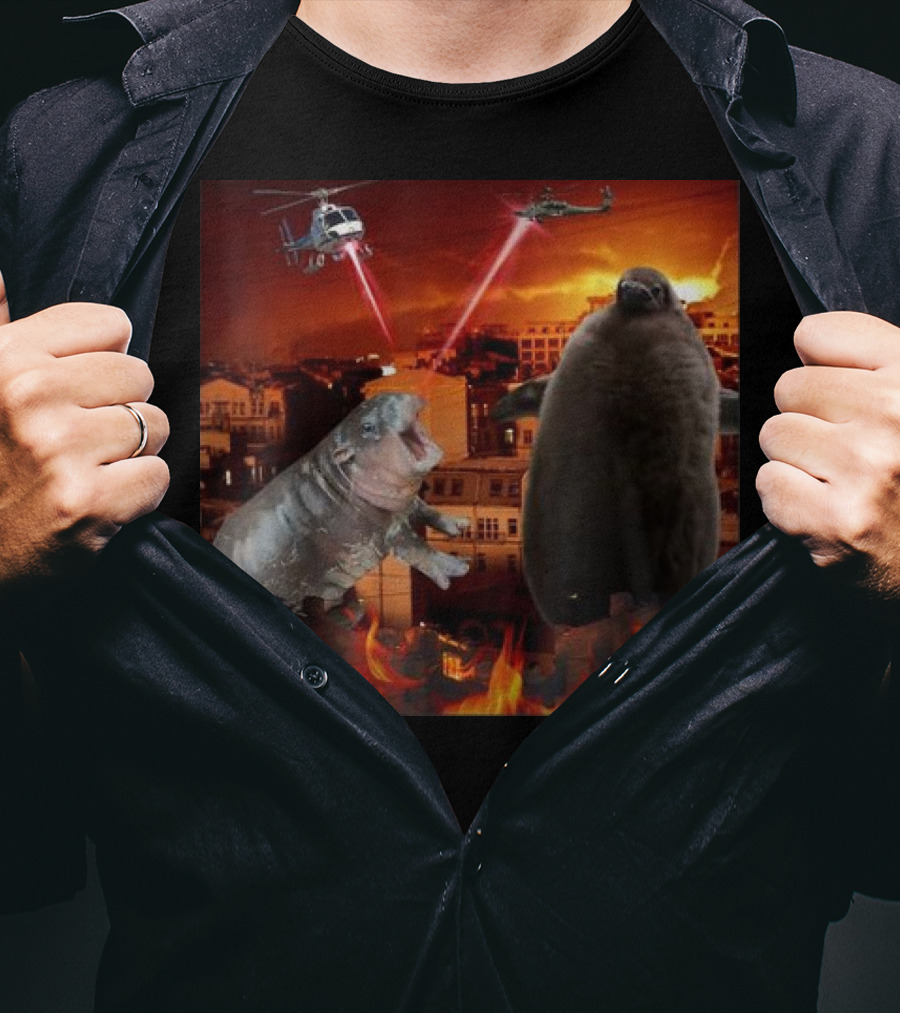 Moo Deng And Pesto Battle Urban Showdown With Helicopters And Laser Beams T-Shirt