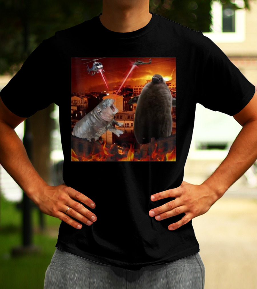 Moo Deng And Pesto Battle Urban Showdown With Helicopters And Laser Beams T-Shirt