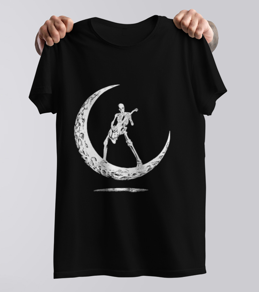 Skeleton Playing Guitar On Crescent Moon Rock And Roll Band T-Shirt