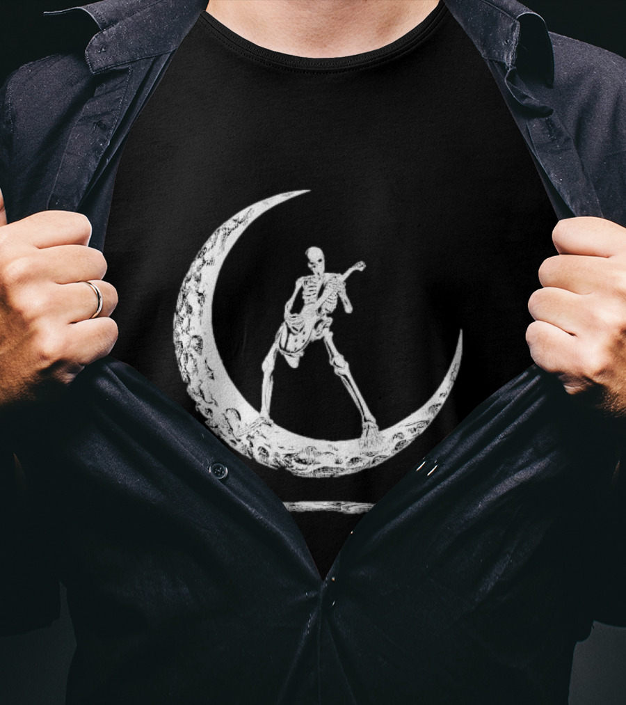 Skeleton Playing Guitar On Crescent Moon Rock And Roll Band T-Shirt