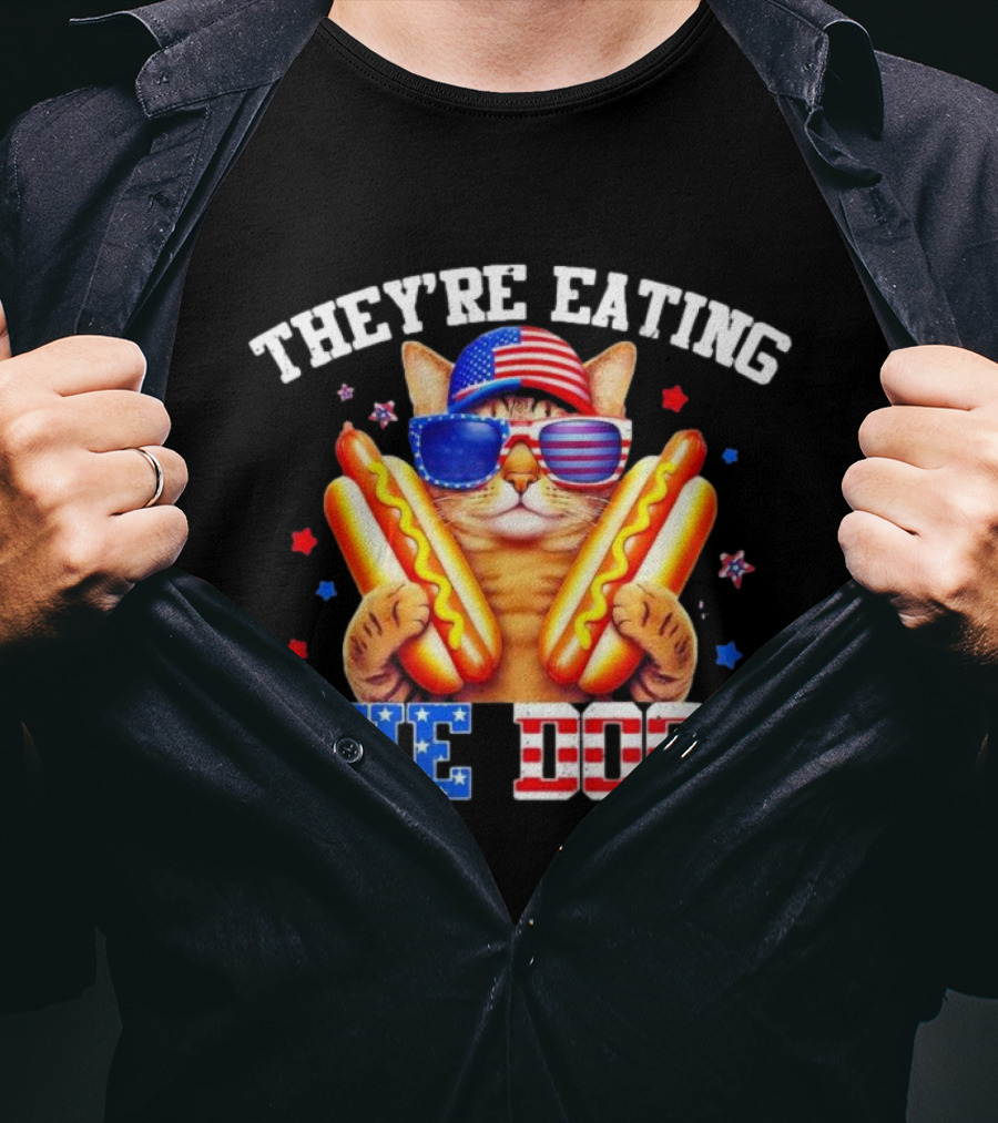 They’re Eating The Dogs Patriotic Cat With Hotdogs And American Flag Sunglasses T-Shirt