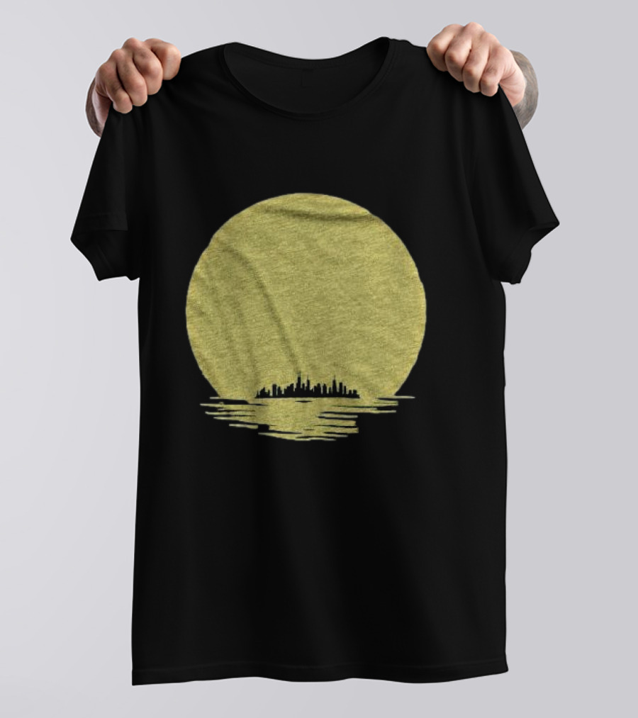 Michigan Skyline Reflected Under Golden Moon T-Shirt