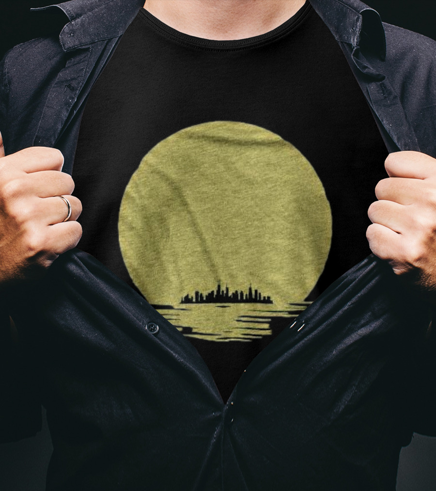 Michigan Skyline Reflected Under Golden Moon T-Shirt